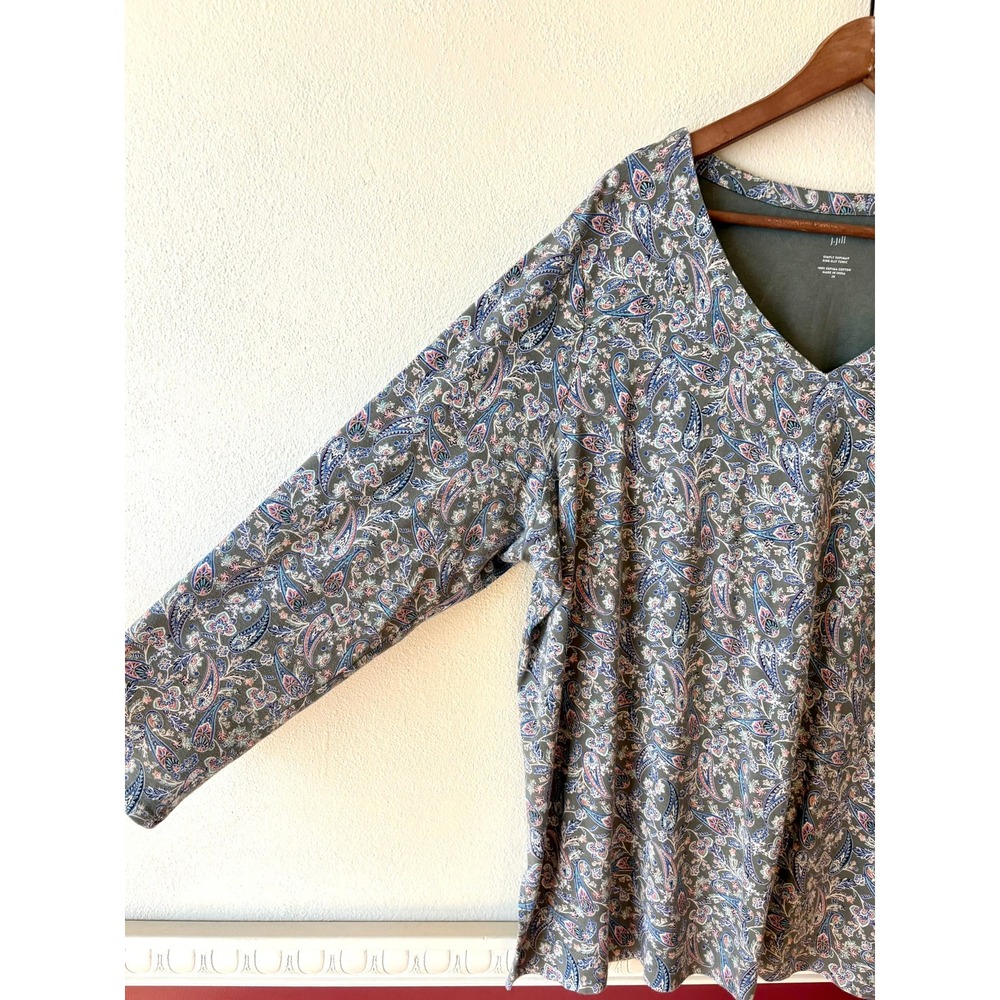 J. Jill Simply Supima Side-Split Tunic 2X Sage Green Paisley V-Neck Cotton Top - Picture 7 of 11